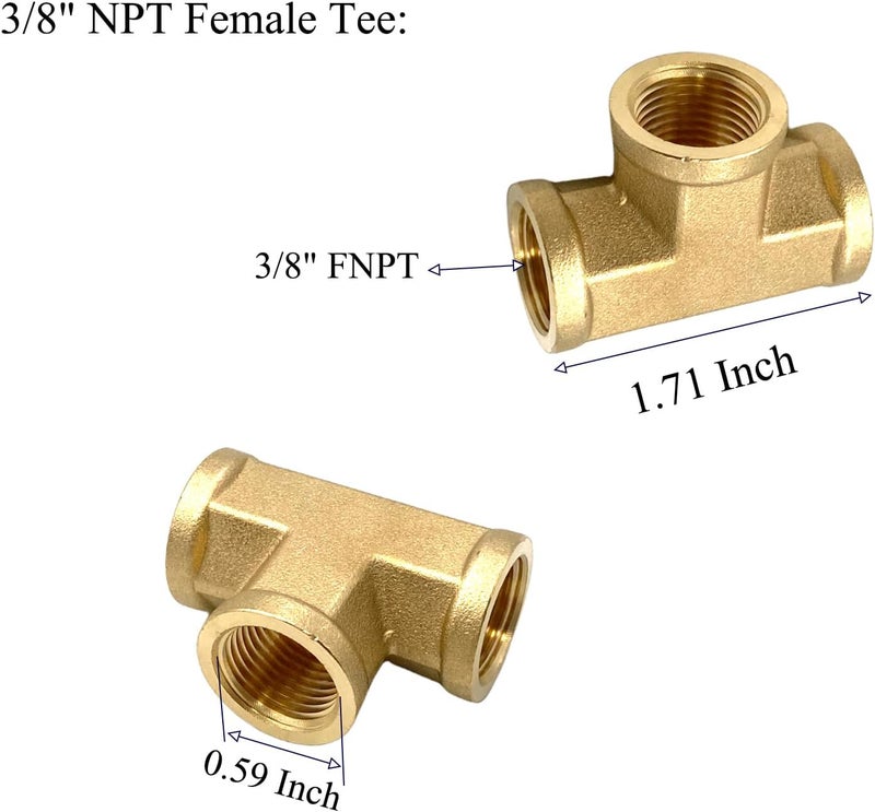 Bumugufu 3 Pcs 3/8" NPT Brass Pipe Tee,3/8" NPT to 3/8" NPT to 3/8" NPT Female Tee 3 Way Brass Pipe Fittings for Air, Propane, Oil and Natural Gas - Image 2